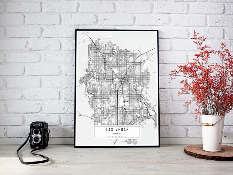 Las Vegas White Map Poster Las Vegas Home Decor Las Vegas Etsy
