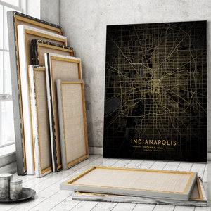Mapa dourado de Indianápolis, impressão, mapa da cidade, pôster de mapa de Indianápolis, impressão de mapa dourado e preto, decoração de rua, tela