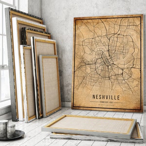 Nashville Vintage Karte Poster, Nashville Alte Karte, Grunge Nashville Karte, Tennessee Old Decor, Rustikale Wandkunst, Nashville Stadtplan Druck