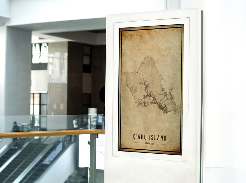 Cartaz do mapa vintage da ilha de O'ahu, mapa antigo da ilha de O'ahu, mapa da ilha de O'ahu grunge, decoração antiga havaiana, impressão de mapas da ilha de O'ahu, tela imagem 3