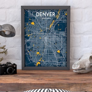 Affiche de carte de Denver, affiche de carte bleue de la ville de Denver, panneau de la ville de Denver, impression de carte de la ville du Colorado, affiches de Denver
