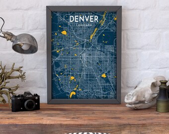 Cartaz do mapa de Denver, cartaz do mapa azul da cidade de Denver, placa da cidade de Denver, impressão do mapa da cidade do Colorado, pôsteres de Denver