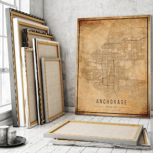 Ankerage Vintage Karte Poster, Ankerage Alte Karte, Grunge Anchorage Karte, Alaska Altes Dekor, Anchorage Stadtplan Druck, Leinwand