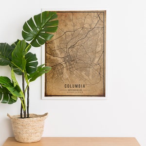 Columbia Vintage Map Poster, Columbia Old Map, Grunge Columbia Map, South Carolina Old Decor, Columbia City Maps Print, Canvas