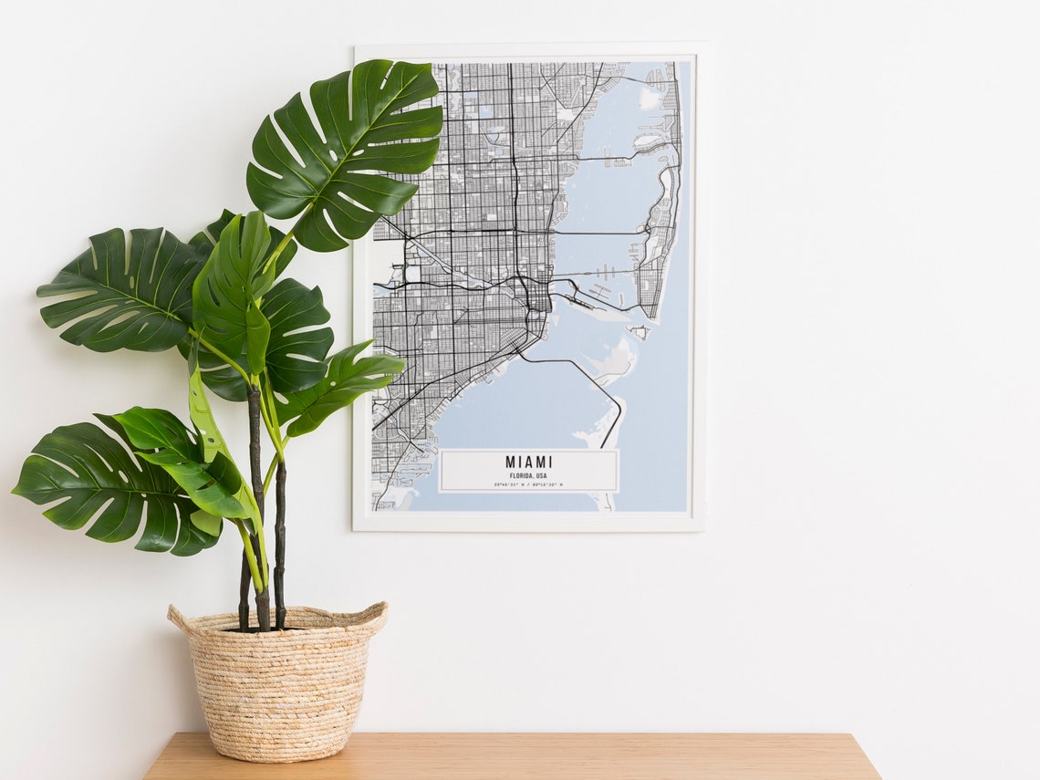 Miami White Map Poster Miami Home Decor Miami Classic Map Etsy