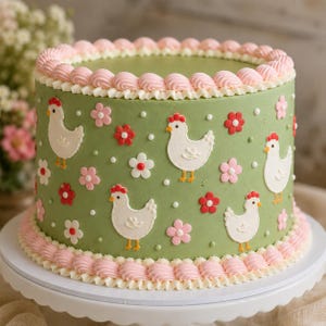 May include: A round cake with sage green frosting, decorated with white chicken figures, small red and pink flowers, and white dots. The top and bottom edges are finished with a piped border of light pink frosting swirls on a white base.