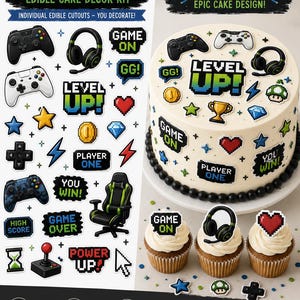 May include: A gamer edible cake decor kit featuring over 40 pixel-art style cutouts including game controllers, headsets, hearts, stars, and text like LEVEL UP, GAME ON, and PLAYER ONE, shown applied to a frosted cake and three cupcakes.