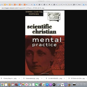 May include: A book cover with a red background and a woman's face in the centre. The title of the book is "Scientific Christian Mental Practice" and the author is Emma Curtis Hopkins.