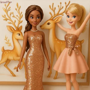 Op de afbeelding: Twee poppen, een met bruin haar in een gouden paillettenjurk en de andere met blond haar in een gouden pailletten top en roze rok. Ze staan voor een schilderij van gouden herten.