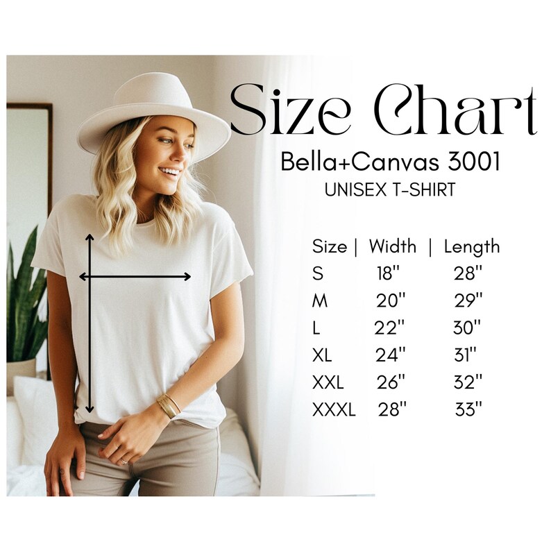 May include: A white unisex t-shirt with a size chart. The chart lists sizes S through XXXL, with corresponding width and length measurements in inches. The shirt is Bella+Canvas 3001.