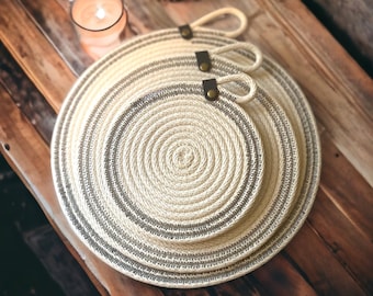 Rope trivets coiled trivets, hand woven, hot pad,plant coaster. vase coaster. Minimalist aesthetic, Natural cotton rope, gift set 3 pieces