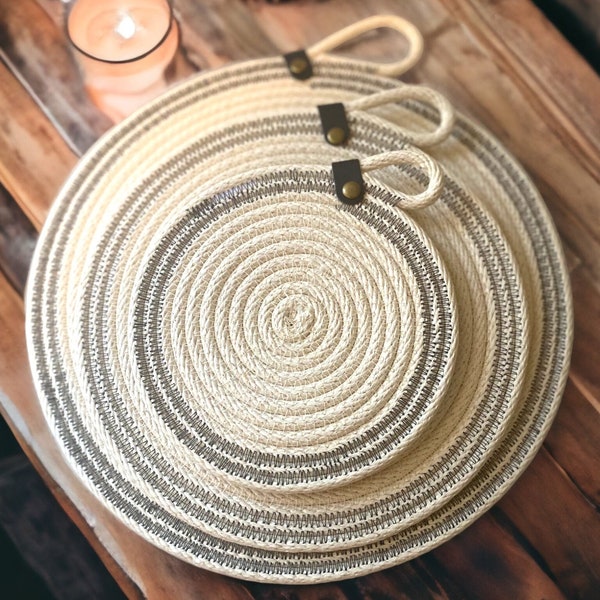 Rope trivets coiled trivets, hand woven, hot pad,plant coaster. vase coaster. Minimalist aesthetic, Natural cotton rope, gift set 3 pieces