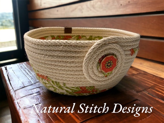 Large Rope Bowl , 1/4 Inch Cotton Rope, Floral Fabric Wrapped Rope