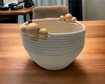 Large Rope Bowl  Ropebasket  lNatural 1/4 inch cotton rope   Catch all  bowl  Gift for her. New home gift , wooden beads.