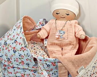 Handmade Doll and Fabric Carry Cot Soft Doll Carrier with Pillow and Blanket  Baby Shower gift Pretend Play Toddler Girl Gift