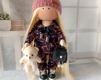 Tilda doll Textile doll Personalised doll Hendmade Cute doll Rag doll for play Doll in suit Doll with blonde long hair Doll with toy