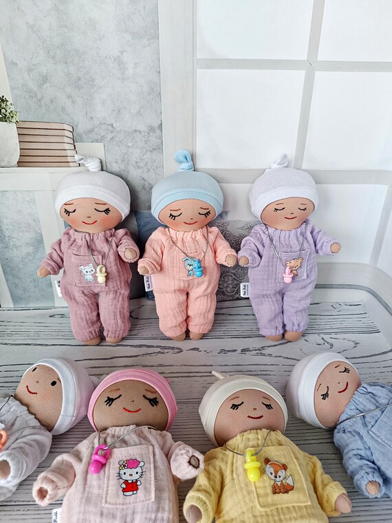 First Handmade Rag doll 20 cm  in muslin outfit for a boy or girl. Soft Personalized gift for a toddler.