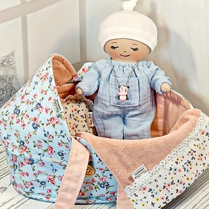 Rag Baby Doll and Fabric Doll Cradle Handmade Soft Doll Carrier with Pillow and Blanket Doll Set Baby Shower gift for Toddler Pretend Play