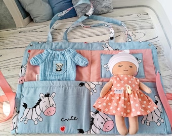 Handmade fabric Dollhouse with Rag Baby Doll 20 cm and  Clothes doll of Travel Soft Toy Quiet Book