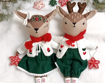 Christmas Reindeer Dolls – Handmade Deer Couple or Single Plush  Waldorf Style Embroidered Details  Natural Fabric Gift