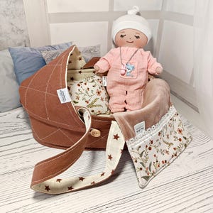 Rag Baby Doll in Doll Cradle with mini Bedding Personalized Gift for Toddler Doll Set Baby Shower gift  Pretend Play Toddler toy