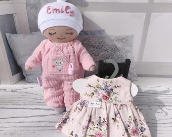Personalized First Baby Doll with Name, Handmade Soft Rag Doll 20 cm with clothes, Baby Shower Gift Girl
