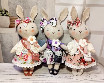 Linen Handmade Fabric Doll Bunny in Floral Dress Gift for Girl Nursery Decor Soft Animal Toy Doll Rabbit