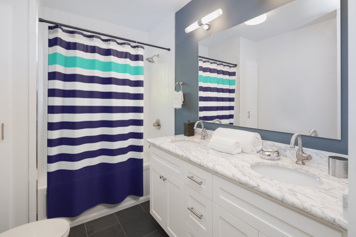 Aqua Navy Blue and White Striped Shower Curtain Colorful Etsy