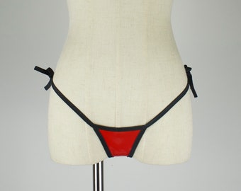 Super Low Cut Adjustable Red and Black Vinyl G-String. Sexy Faux Leather PVC G-string