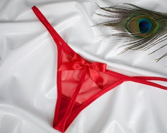 Sheer Red G-String. Sexy Mesh Handmade Lingerie. See Through G-String. Low Cut Sexy G-String.