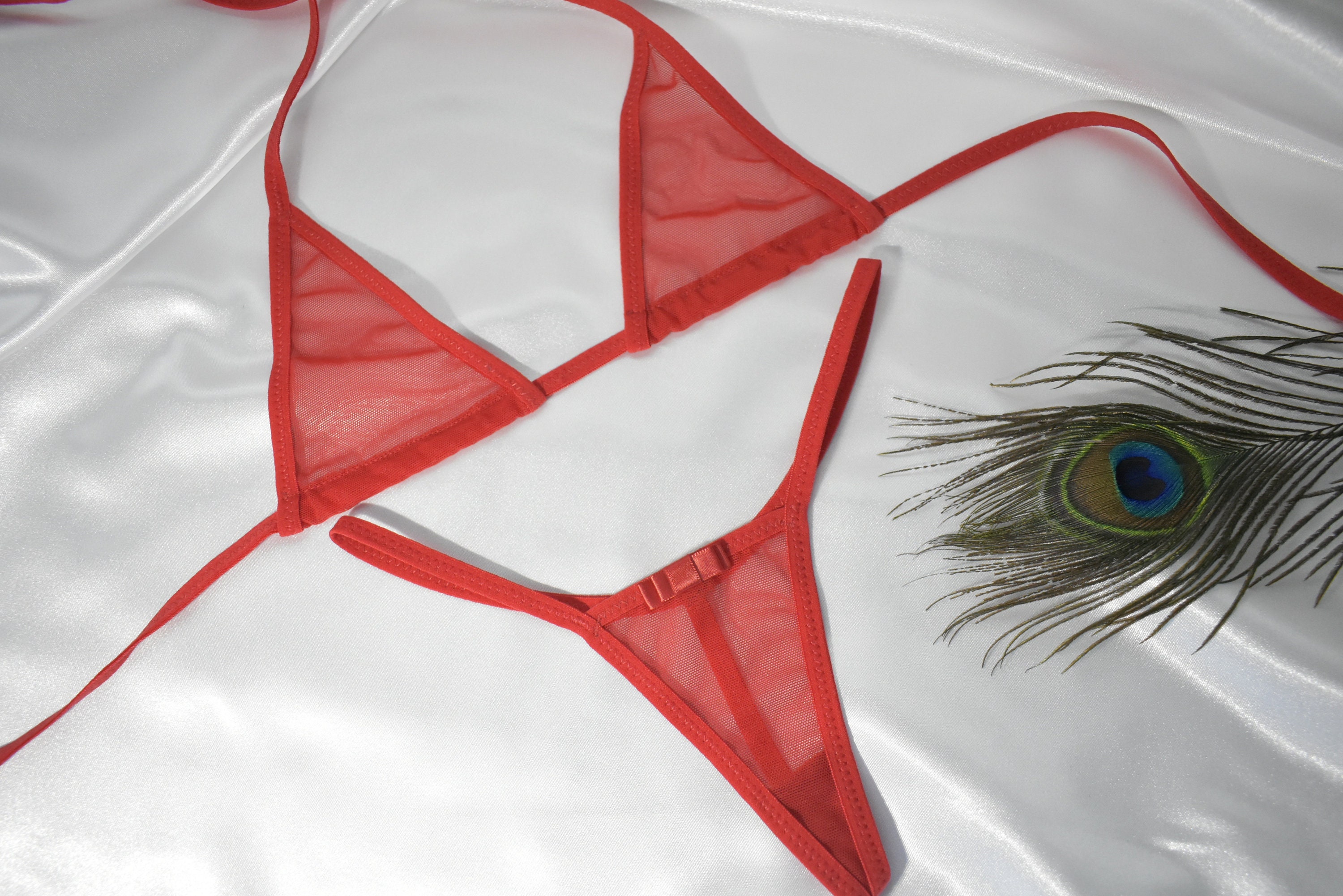 Sheer Red Micro Bikini - Extreme Micro G-String Lingerie Set,See-Through Exotic Dancer Outfit.