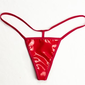 Super Low Cut Cherry Red Vinyl G-String. Sexy Faux Leather PVC G-string