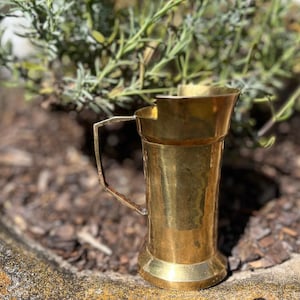 May include: A small, antique brass pitcher with a handle. The pitcher has a cylindrical body and a flared base. The background features green plants and a weathered stone planter.