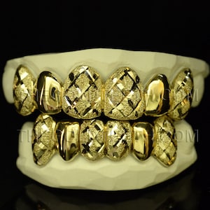 Custom Grillz 10k Gold Teeth Diamond Dust Yellow Gold Grillz Real Gold Grill