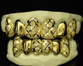 Custom Grillz 10k Gold Teeth Diamond Dust Yellow Gold Grillz Real Gold Grill