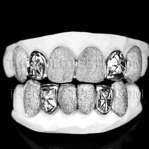 Silver Grillz 925 Sterling Silver Teeth Real Diamond Dust Silver Grill