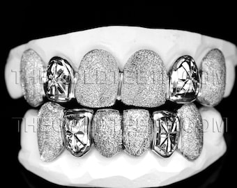 Silver Grillz 925 Sterling Silver Teeth Real Diamond Dust Silver Grill