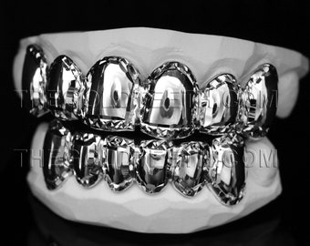 Silver Grillz 925 Sterling Custom Silver Teeth Real Diamond Cut Silver Grill