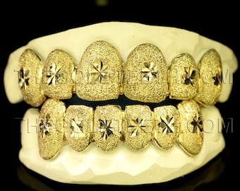 Custom Grillz 10k Gold Teeth Diamond Dust Yellow Gold Grillz Real Gold Grill