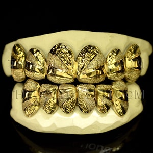 Custom Grillz 10k Gold Teeth Diamond Dust Yellow Gold Grillz Real Gold Grill