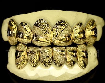 Custom Grillz 10k Gold Teeth Diamond Dust Yellow Gold Grillz Real Gold Grill