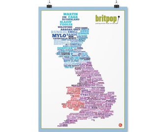 British Music Word Map Poster. british bands. british singers. uk map. typography map