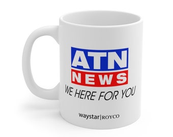 Succession ATN News Mug. Waystar. Royco. Logan Roy. Kendal Roy. Roman Roy. Succession TV. We Here For You