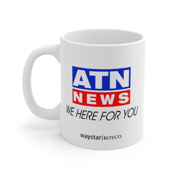 Taza de noticias de la ATN de sucesión. Waystar. Royco. Logan Roy. Kendal Roy. Roy romano. Sucesión TV. We Here For You