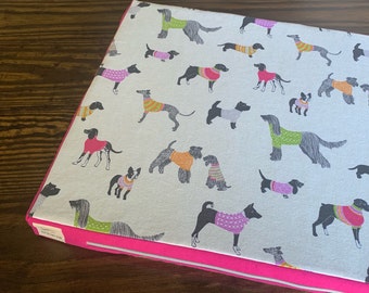 Memory Foam Dog Bed: Pink Dogs in Sweaters Print, 30x19 Canvas Crate Cushion