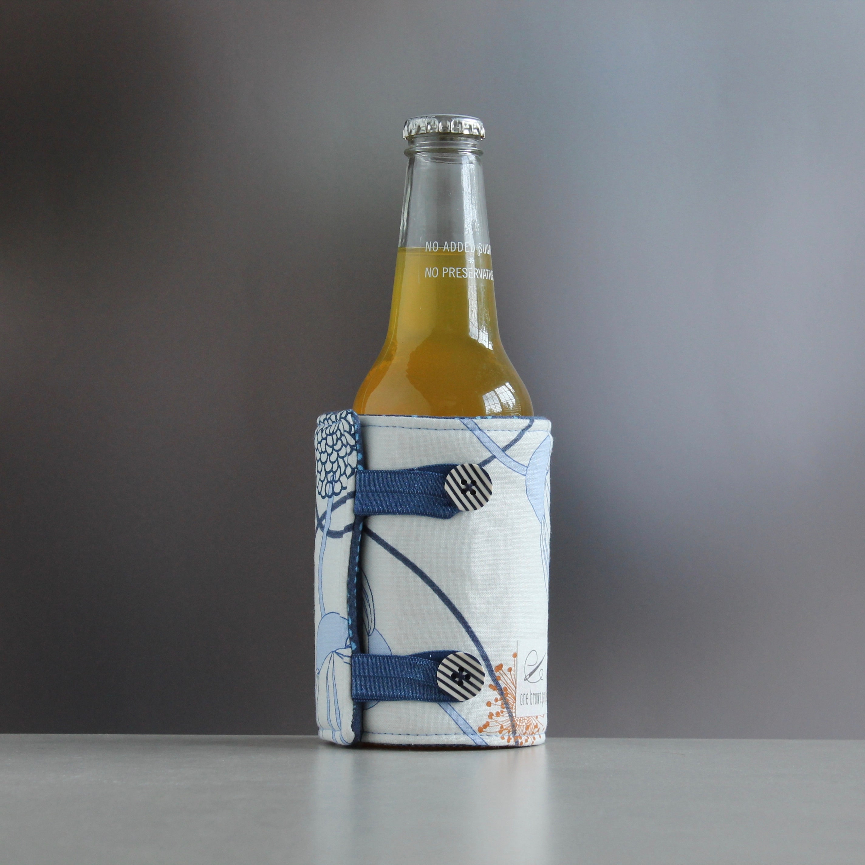 handmade drink cozy - beer cooler - adjustable bottle jacket - blue & white  - insulated can cozy - one brown paw