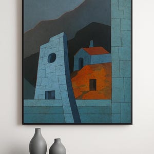 May include: Abstract art print featuring geometric shapes and buildings in shades of blue, orange, and gray. The artwork is framed in a black frame and displayed on a dark gray table. Two gray vases are on the table.