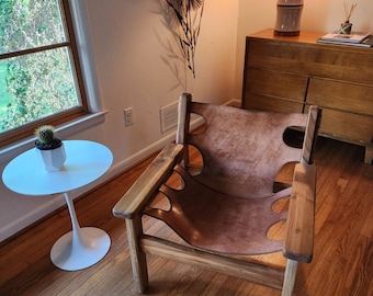 Modern Leather and Teak Lounge Chair