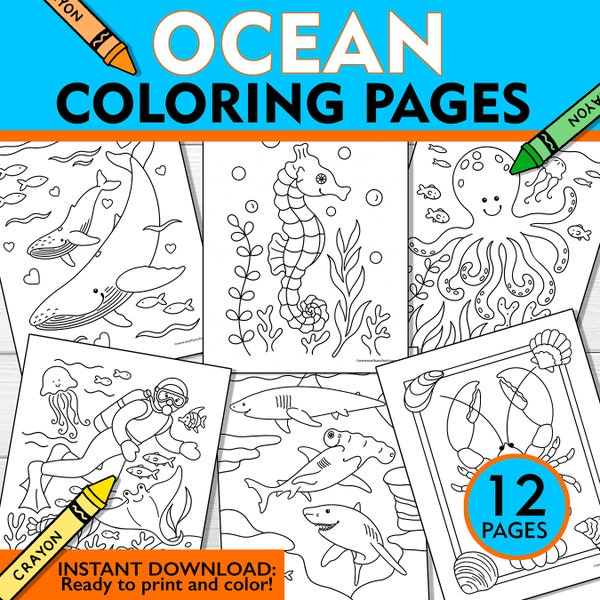 Ocean Coloring Pages, Kids Ocean Coloring Pages, Ocean Animal Coloring Pages, Kids Ocean Coloring Sheets, 8.5x11" Instant Download