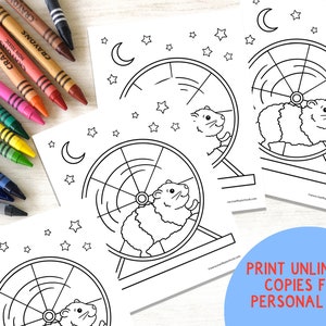 May include: Three black and white coloring pages featuring a hamster running in a wheel. Each page has a crescent moon and stars in the background. The text "PRINT UNLIMITED COPIES FOR PERSONAL USE!" is in the bottom right corner.